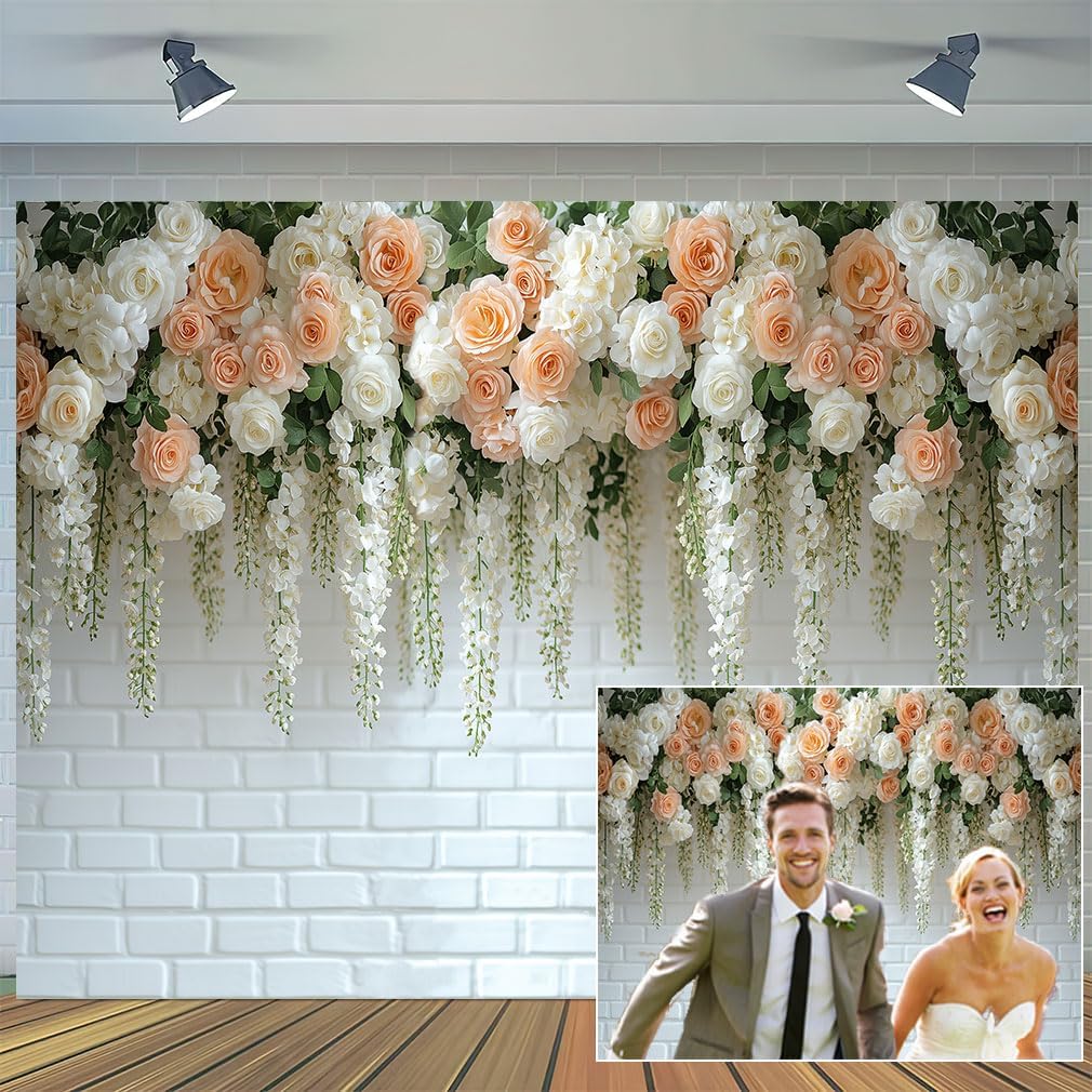 10X8ft Flower Backdrop White Brick Wedding Flower Wall Mothers Day Flowers Photo Backdrop Background Wedding Bridal Baby Shower Birthday Party Spring Theme Decor Photo Booth Prop