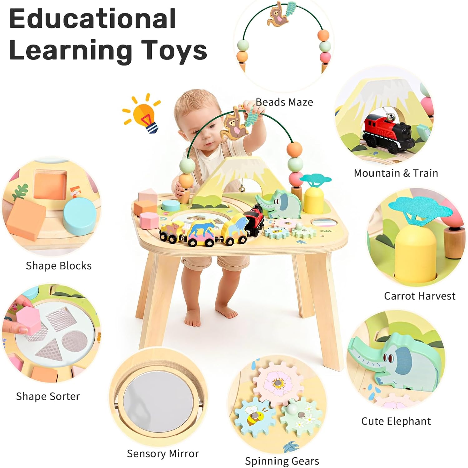 WINGYZ Activity Table for 1 Year Old Toddler, 9-in-1 Morandi-Colored Wooden Montessori Toys, Baby Play Table with Bead Maze Shape Sorter Train Toy, Educational Gifts for 12 Months+ Kids Boys Girls