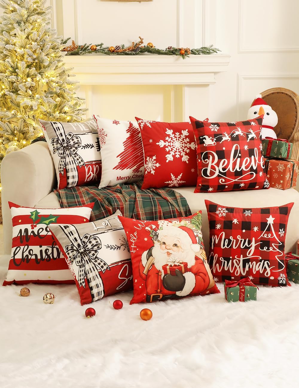 TOYPOPOR Christmas Decorations, Double Sided Throw Pillow Covers 18x18 Inches Set of 4, Christmas Tree, Snowflakes, Merry Christmas, Snowman Reindeer Cushion Case for Farmhouse Home Holiday Decor - Image 7