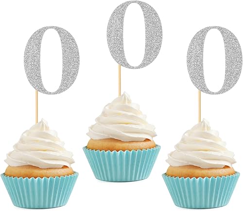 24 piezas de decoración de cupcakes con purpurina del número 0 para cupcakes, decoración de cupcakes de feliz cumpleaños, baby shower, aniversario,
