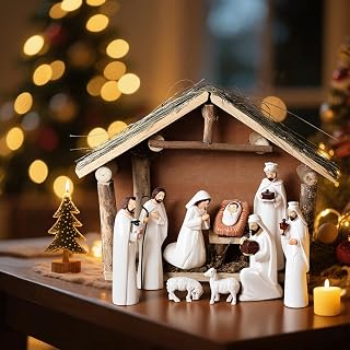 10 Pack Nativity Set with Stable Sculpted Hand-painted Figures with Wooden Stable Manger Scene Nativity Sets & Figures Tabletop for Indoor Christmas Holiday Decor Xmas Home Fireplace Centerpieces