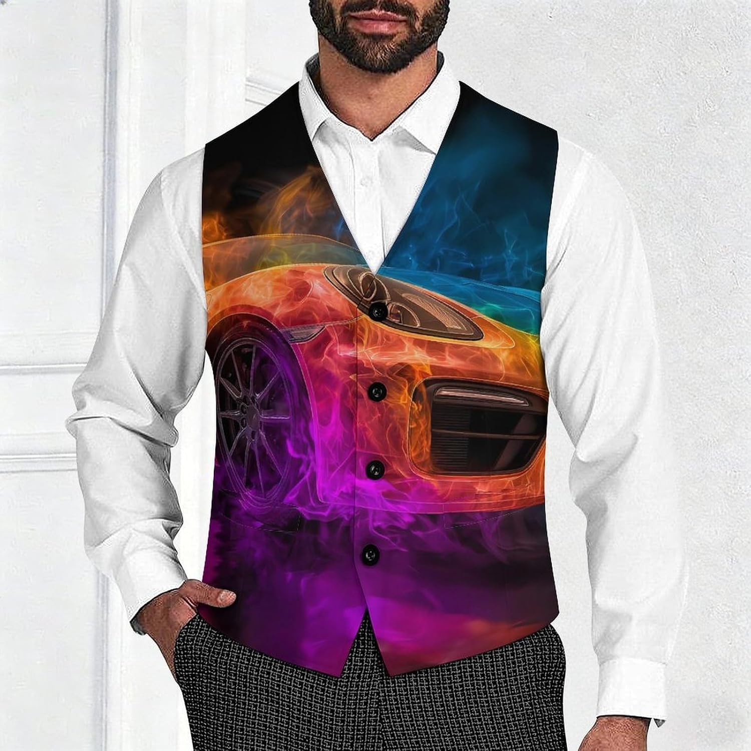 Colorful Sports Car Men's Suit Vest Formal Vests Casual Dress Fit Waistcoat Casual Tuxedo for Business