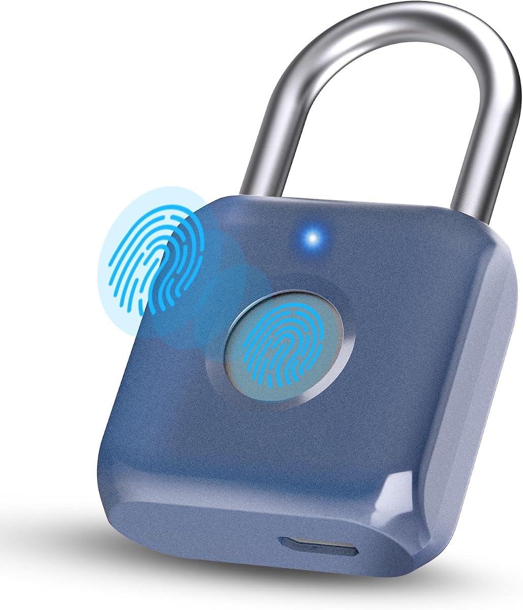 Pothunder Candado de huella digital, candado inteligente, cerradura de casillero, cerradura biométrica de metal sin llave, recargable por USB, para casillero de gimnasio, equipaje, mochila (azul)