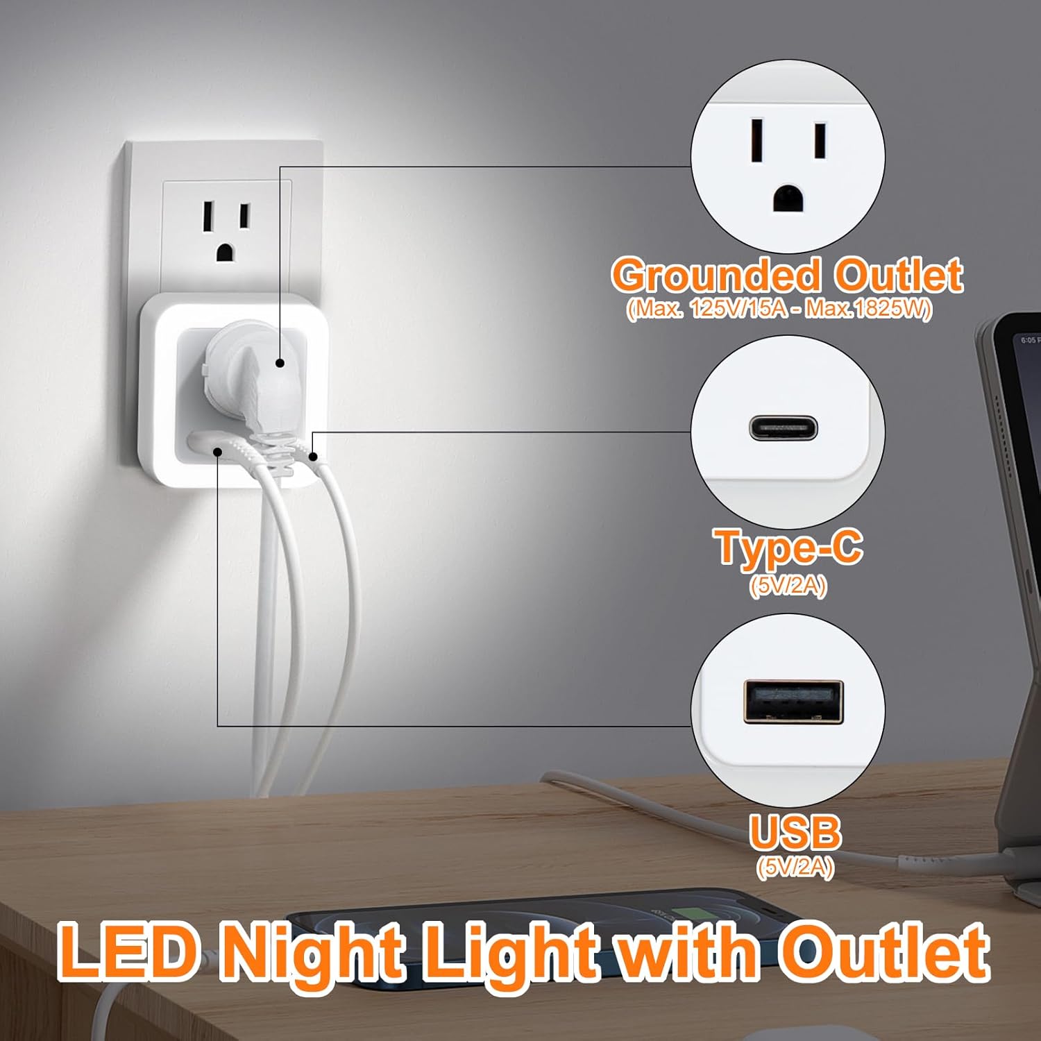 Night Lights Plug Into Wall 2 Pack Rechargeable Battery Backup Light Dusk to Dawn Sensor Night Light with Outlet Expander for Adults Kids Bedroom, Kitchen, and Bathroom (2, cool white, 5000K)