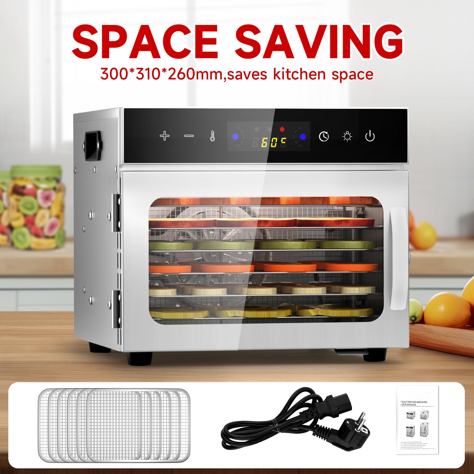 6 Plateaux Deshydrateur Alimentaire en Acier Inoxydable, avec Température Réglable 30 à 90°C et Minuterie Numérique (0-24h), pour Fruits, Poisson, Légumes, Viande, Jerky, Herbes (6 Plateaux)