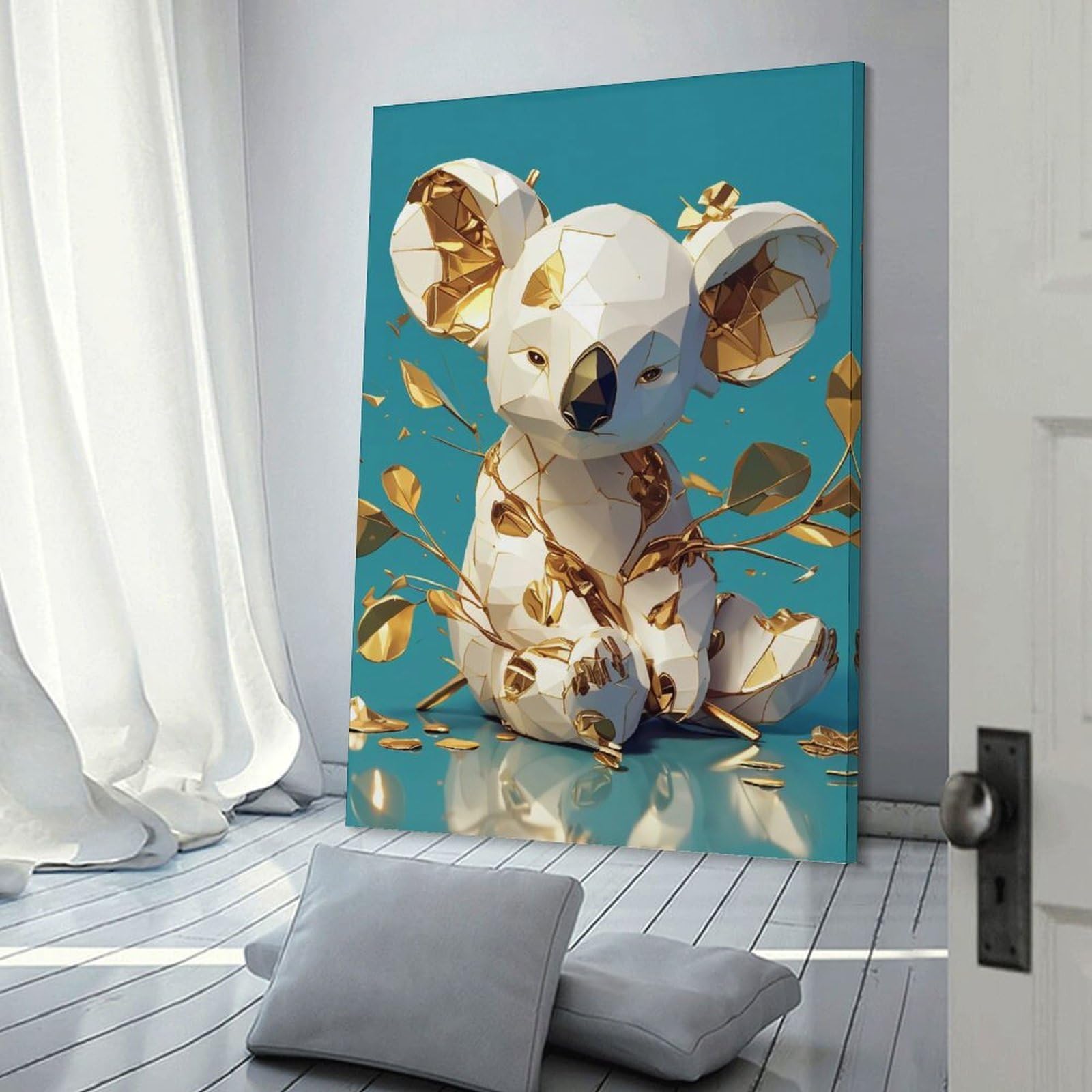 Junmoney Frame-Style-3 Geometric Gold And White Koala Canvas Art Print 16X24inch(40X60cm), For Office Decor, Home Working Or Creative Rooms, An Interior Accent For Desk Areas