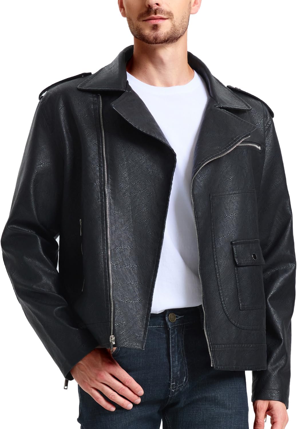WULFUL Men's Leather Jackets, Faux Bomber Jacket for Men Motorcycle Lapel Asymmetric Zip-Up Slim Fit Biker Coat