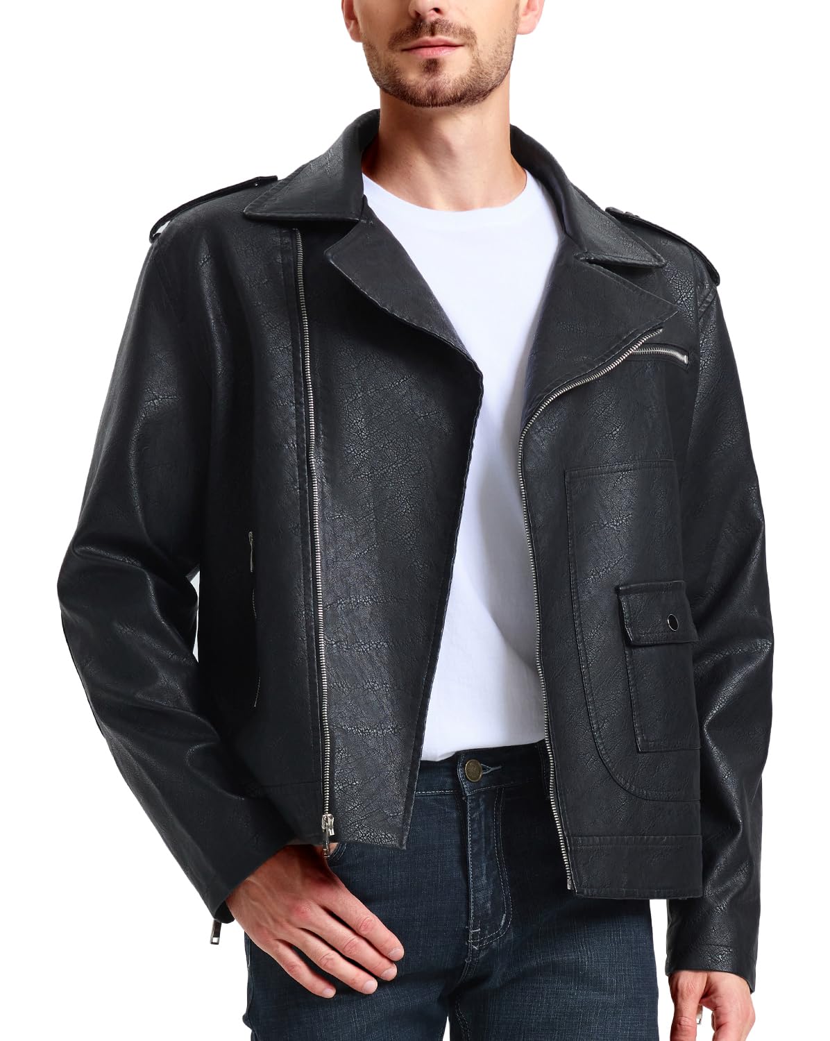 WULFULMen's Leather Jackets, Faux Bomber Jacket for Men Motorcycle Lapel Asymmetric Zip-Up Slim Fit Biker CoatGlobal Recycled StandardGlobal Recycled StandardGlobal Recycled Standard