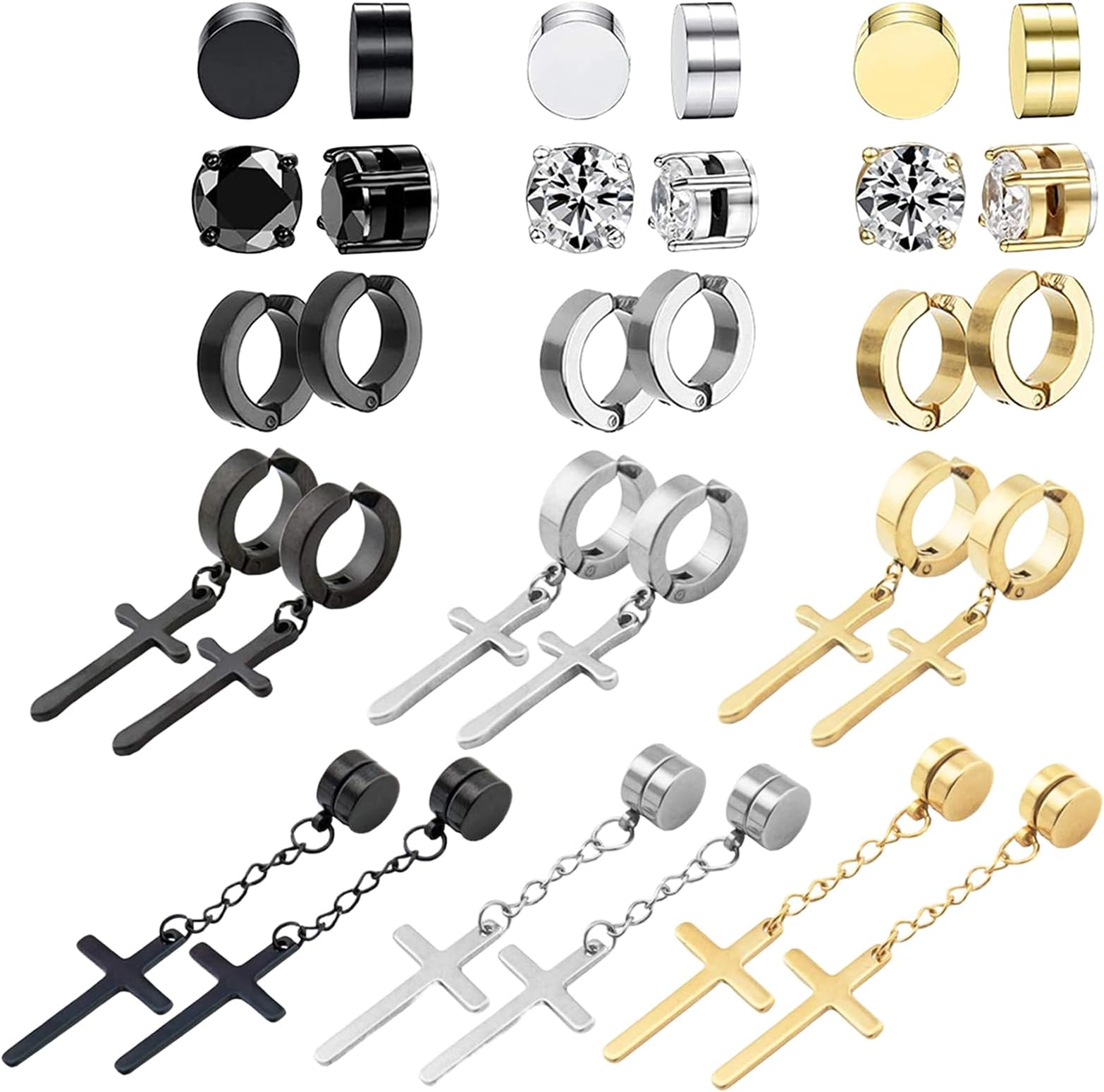 15 Pairs Magnetic Stud Earrings for Men Stainless Steel Magnetic Earrings Men Clip on Earrings Non Piercing Cross Earrings Unisex CZ Hoop Dangle Magnetic Earrings for Men Women