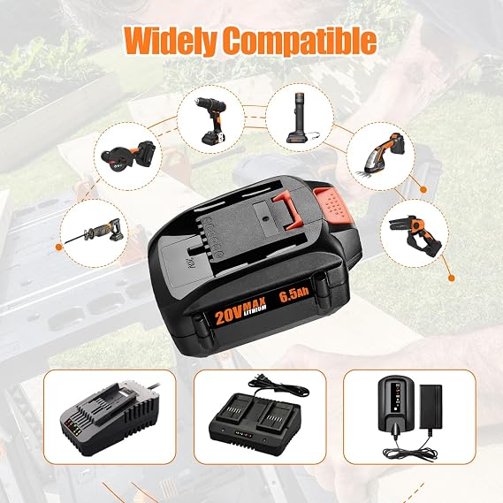 Powilling 2 Pack 6.5Ah Replacement for Worx 20V Battery and Dual Charger