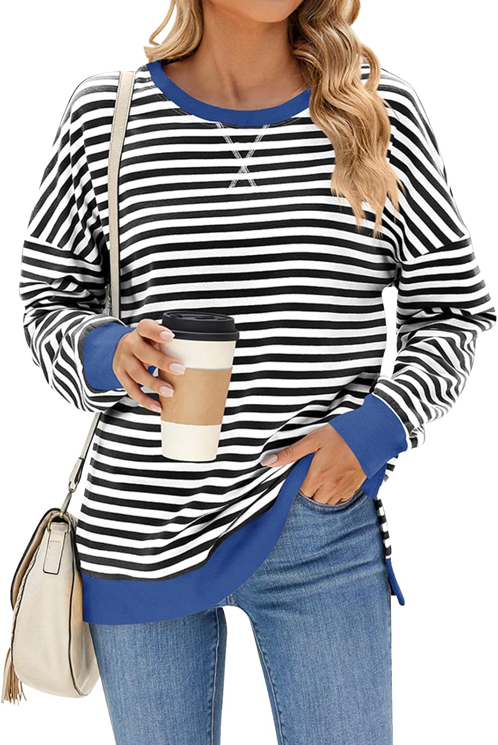 ODIZLI Women's Striped Sweatshirt Long Sleeve Crew Neck Casual Y2K Pullover Top Fall Winter Tops