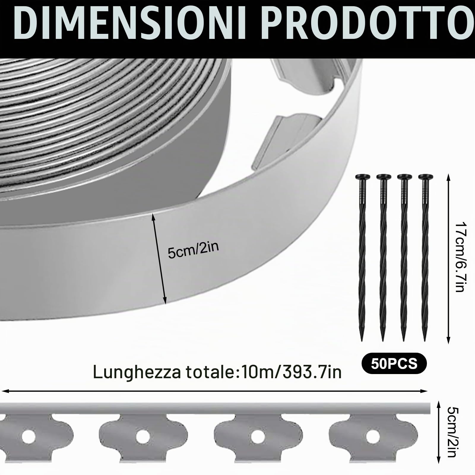 Bordo flessibile per prato, in plastica, 10 m x 5 cm, con 50 picchetti, idea da giardino per giardini, aiuole e sentieri di cortile, grigio
