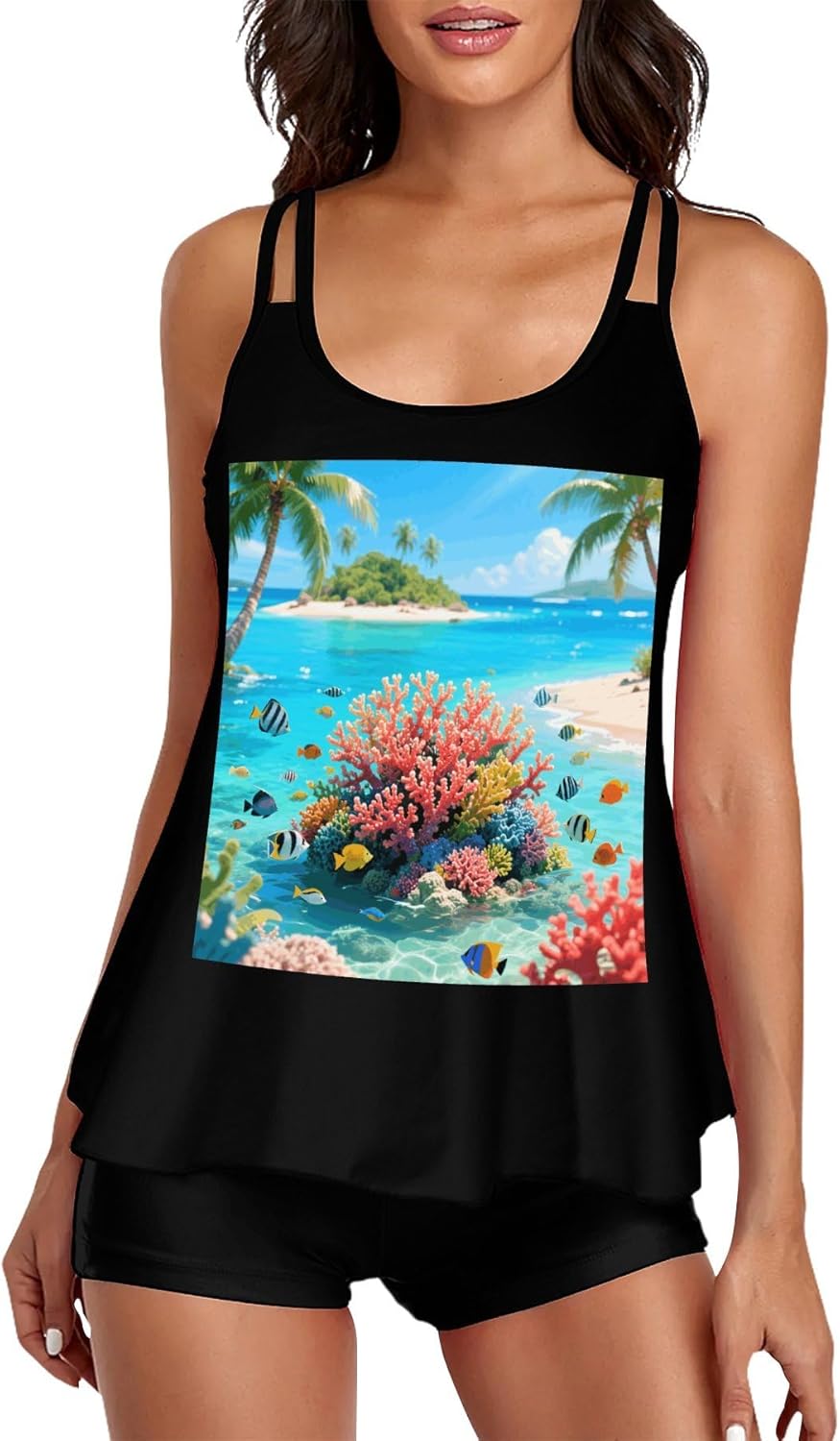 Island Corals Tankini Swimsuits for Women Tummy Control Two Piece Bathing Suits Swim Tops with Boy Shorts