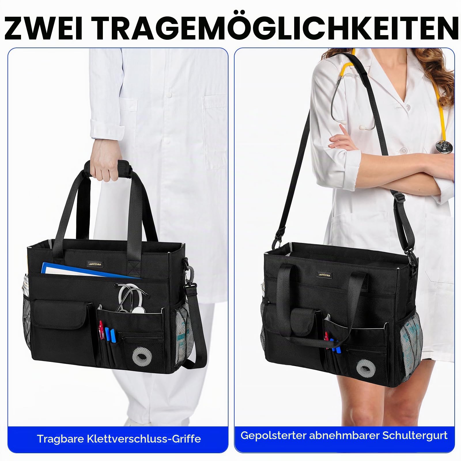 Krankenschwester-Tragetasche für die Arbeit mit gepolstertem Laptop-Fach, große klinische Tasche für Krankenpflegestudenten, Pflegeutensilien für Arzt und häusliches Gesundheitspersonal, Schwarz,