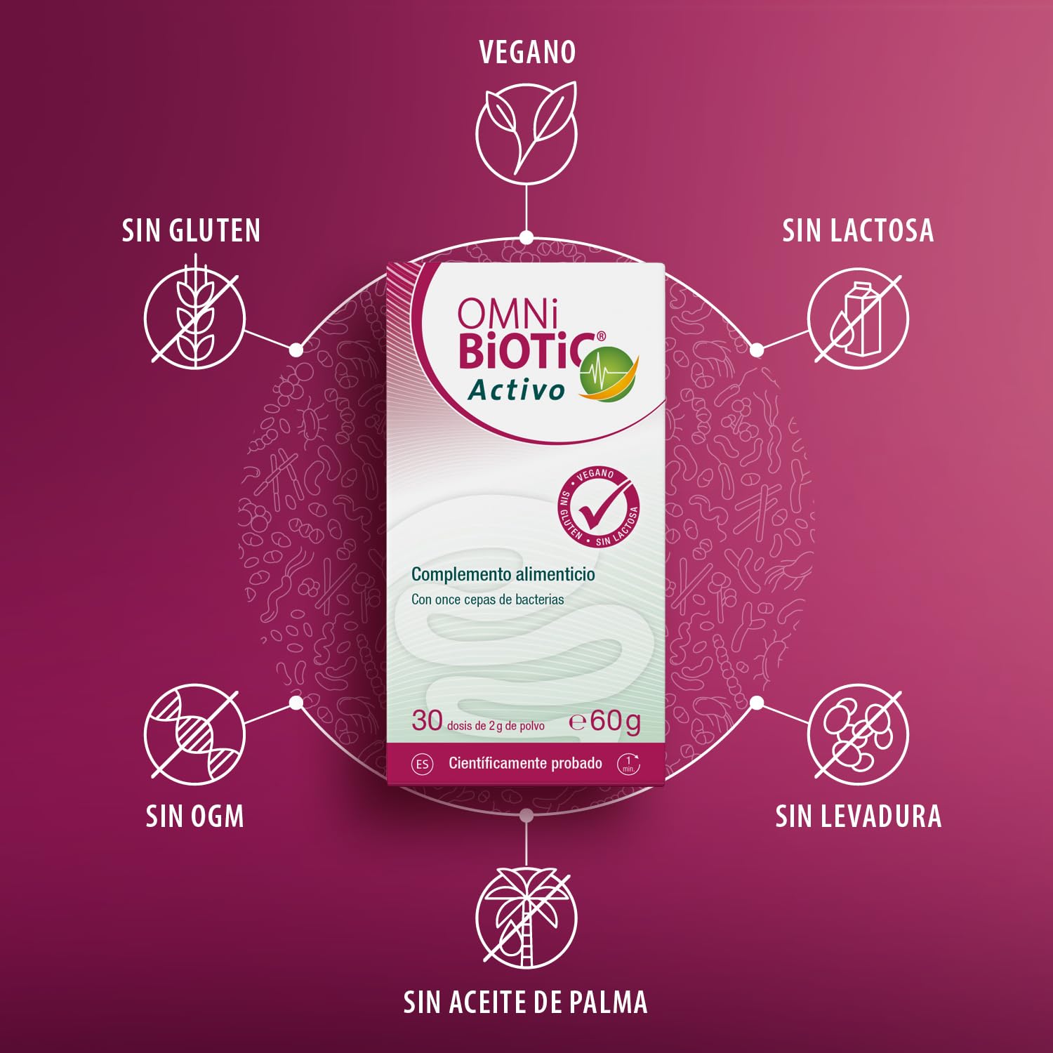 OMNi BiOTiC Activo | Frasco de vidrio | 30 Dosis (60g) | Probiótico |11 cepas bacterianas | 5 mil millones de bacterias por dosis diaria | Polvo | Sin gluten | Sin lactosa | Para uso diario