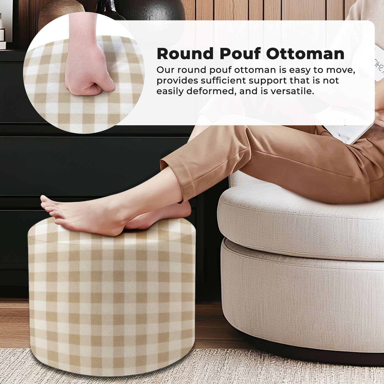 Round Pouf Ottoman Beige Gingham Seamless Pastel Check Plaid Beige White for Foot Stool Foot Rest Floor Stool Bean Bag Chair Cotton Linen Removable Indoor Outdoor for Living Room Bedroom
