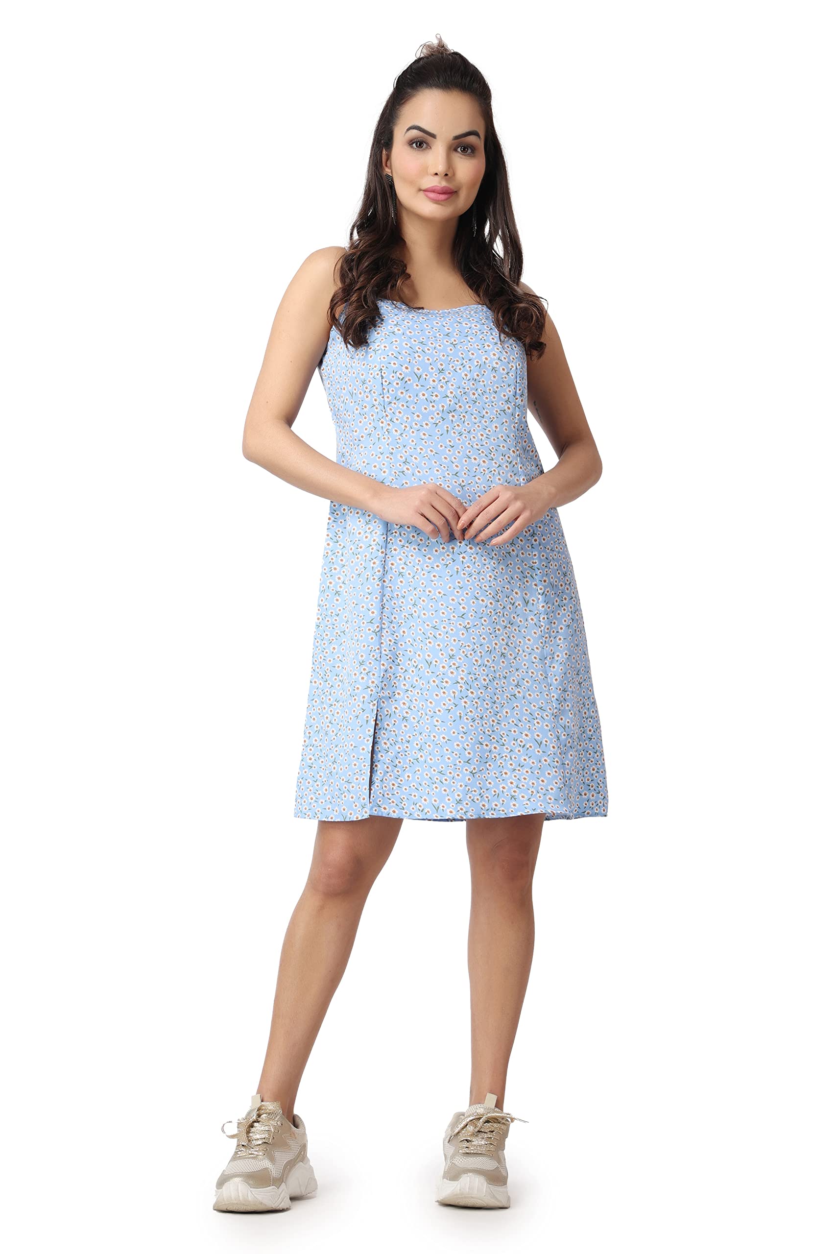 Popwings Casual Fit And Flare Sleeveless Square Neck Knee-Length Front Printed Slit Dress For Women || Stylish Summer Woman Dresses Light Blue