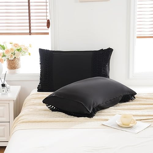 Miniatura 4 de Juego de 2 fundas de almohada negras con borlas de macramé, 100% microfibra lavada, decoración bohemia con diseño de borlas, fundas de almohada