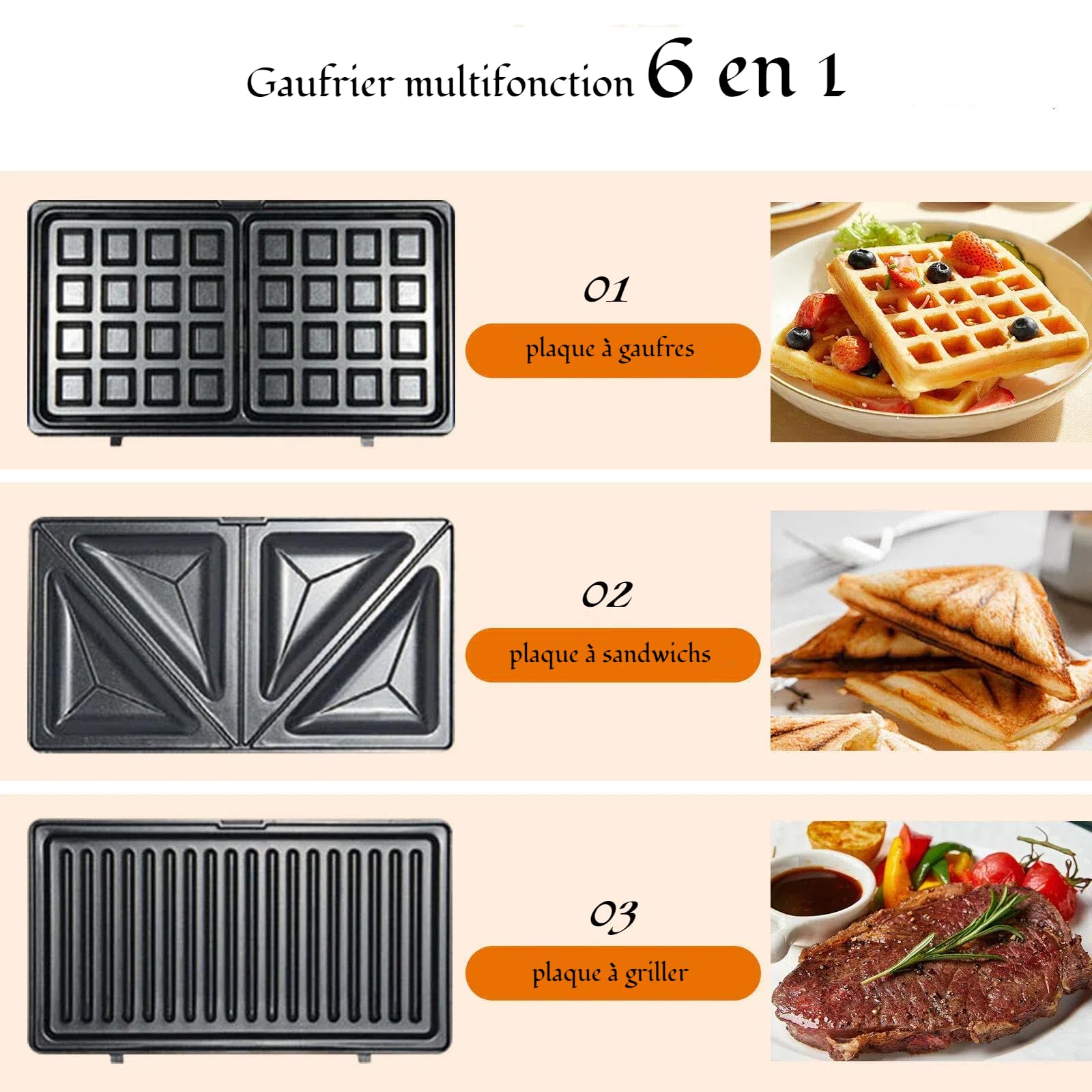 OKYUK Gaufrier, Gauffrier multifonctions 750W avec 6 plaques de gril antiadhésives amovibles, machine a panini répondant à différents besoins de petit-déjeuner