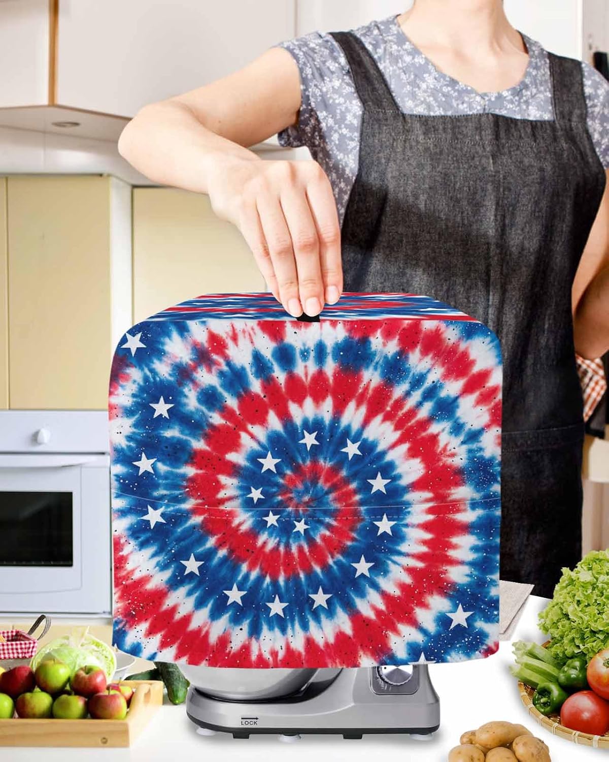 Blue Red Tie-dye Stand Mixer Cover with Storage Pocket, Waterproof Kitchen Mixer Covers, Vintage American Stars Abstract Art Kitchen Appliance Dust Cover Compatible with 4/4.5 Quart Mixers