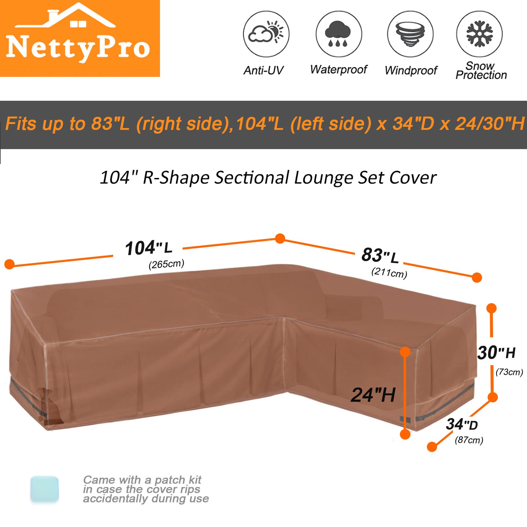 NettyPro Pokrowiec segmentowy na patio, 264 x 210 cm, w kształcie litery L, wodoodporny, 600D, wytrzymały pokrowiec na meble ogrodowe, zestaw wypoczynkowy, skierowany w prawo, brązowy