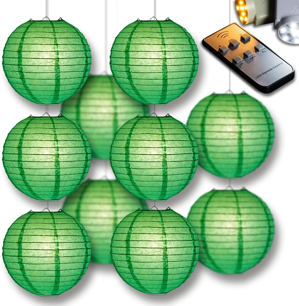 14 Inch Emerald Green Paper Lantern Remote Controlled LED Lights (10-Pack Combo Kit)