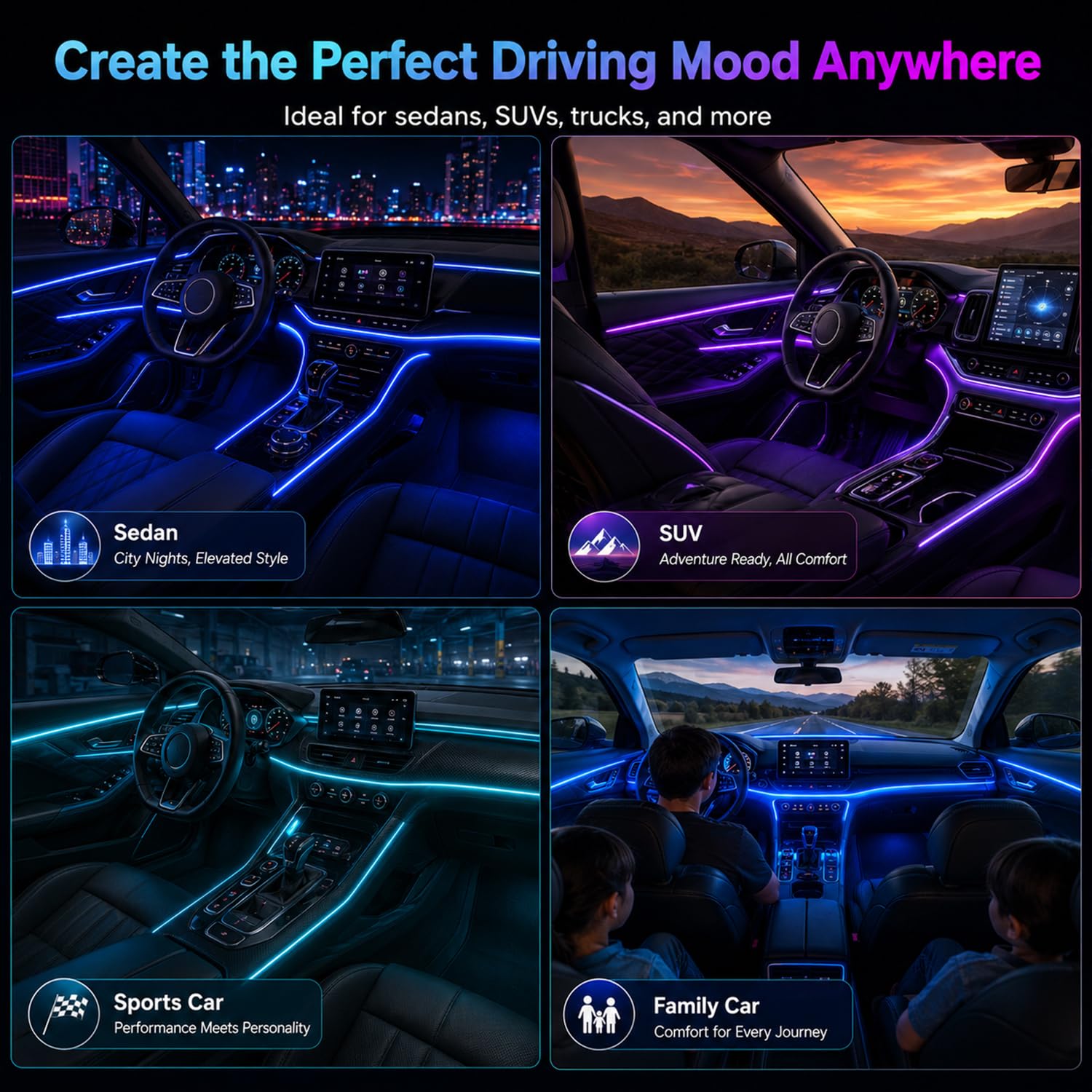 Illuminazione Interna a LED per Auto, 6 m/18 in 1 RGB, 12 V, Atmosfera LED Con App + Controllo Remoto, Laser Multicolore