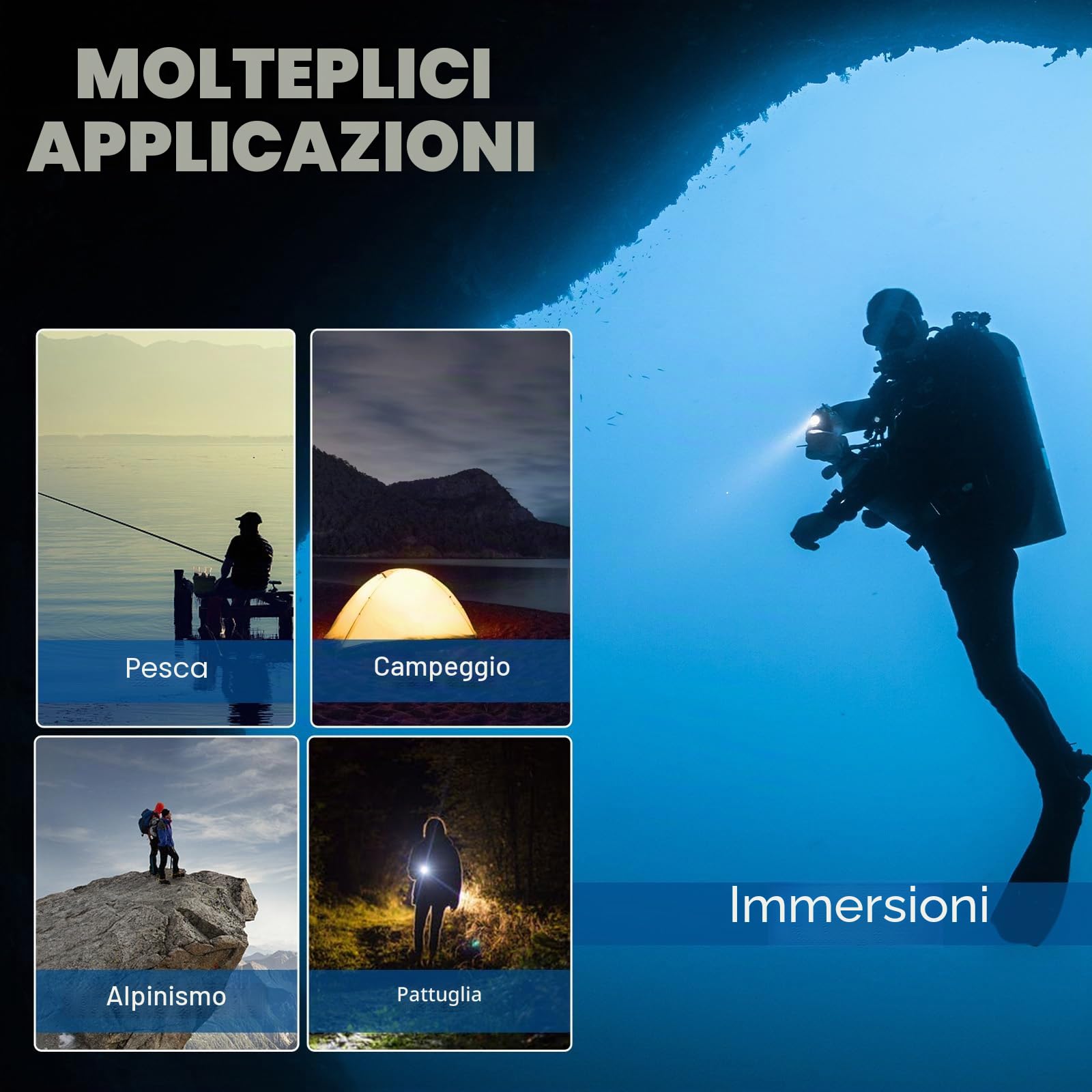 Torcia subacquea 2000 lumen, torcia subacquea a LED con 3 modalità, luce subacquea notturna IPX8 a prova di acqua, luce subacquea professionale per lo snorkeling