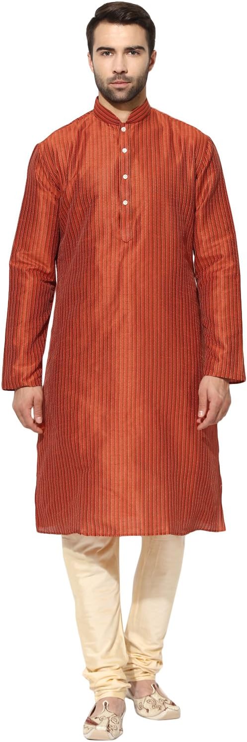 KISAH Men's Indian Dupion Silk Striped Long Kurta for Wedding & Festive Season