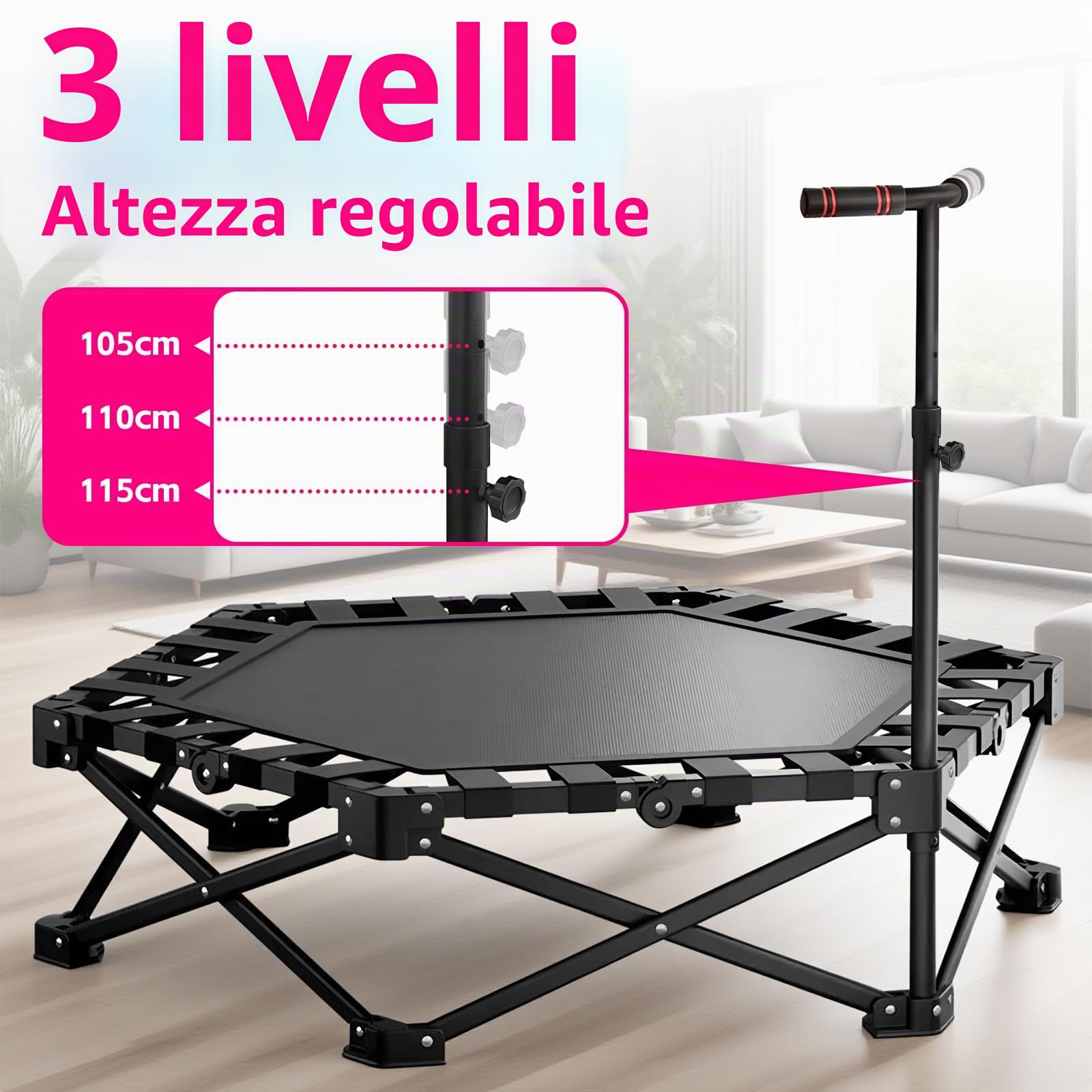 Mini Trampolino Fitness per Adulti, Trampolino Pieghevole da Interno All'aperto con Maniglia Regolabile, Ideale per Saltare e Allenarsi, Non Richiede Installazione, Carico Massimo 330 lb