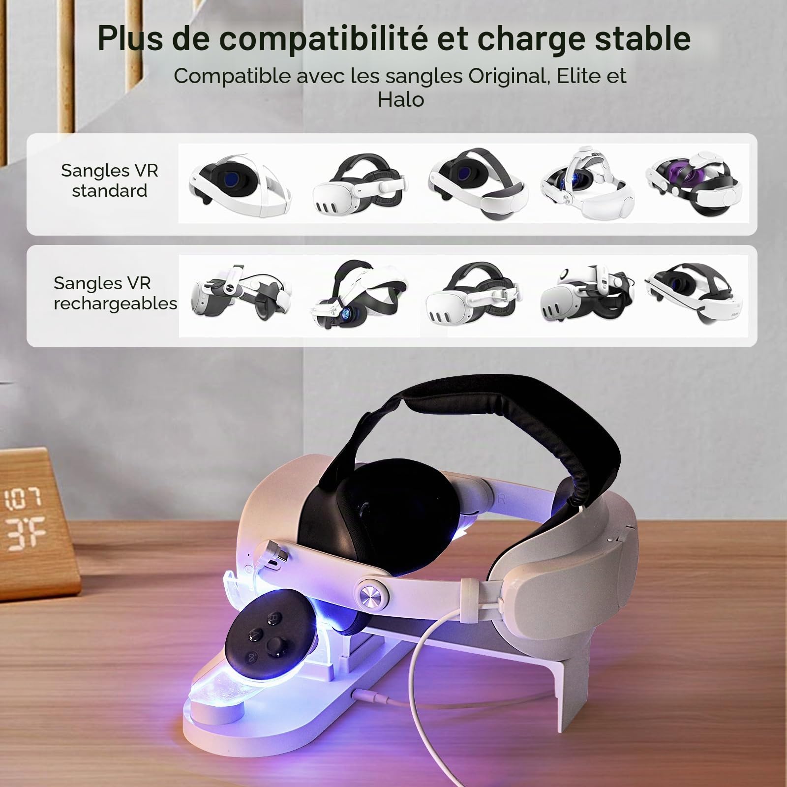 Station Charge pour MetaQuest 3S/Quest 3, avec USB-C Rapide | Charge Simultanée, 2H pour Contrôleurs / 3H pour Casque, Indicateur RGB, Base Anti-Dérapant, Batteries Rechargeables 600mAh