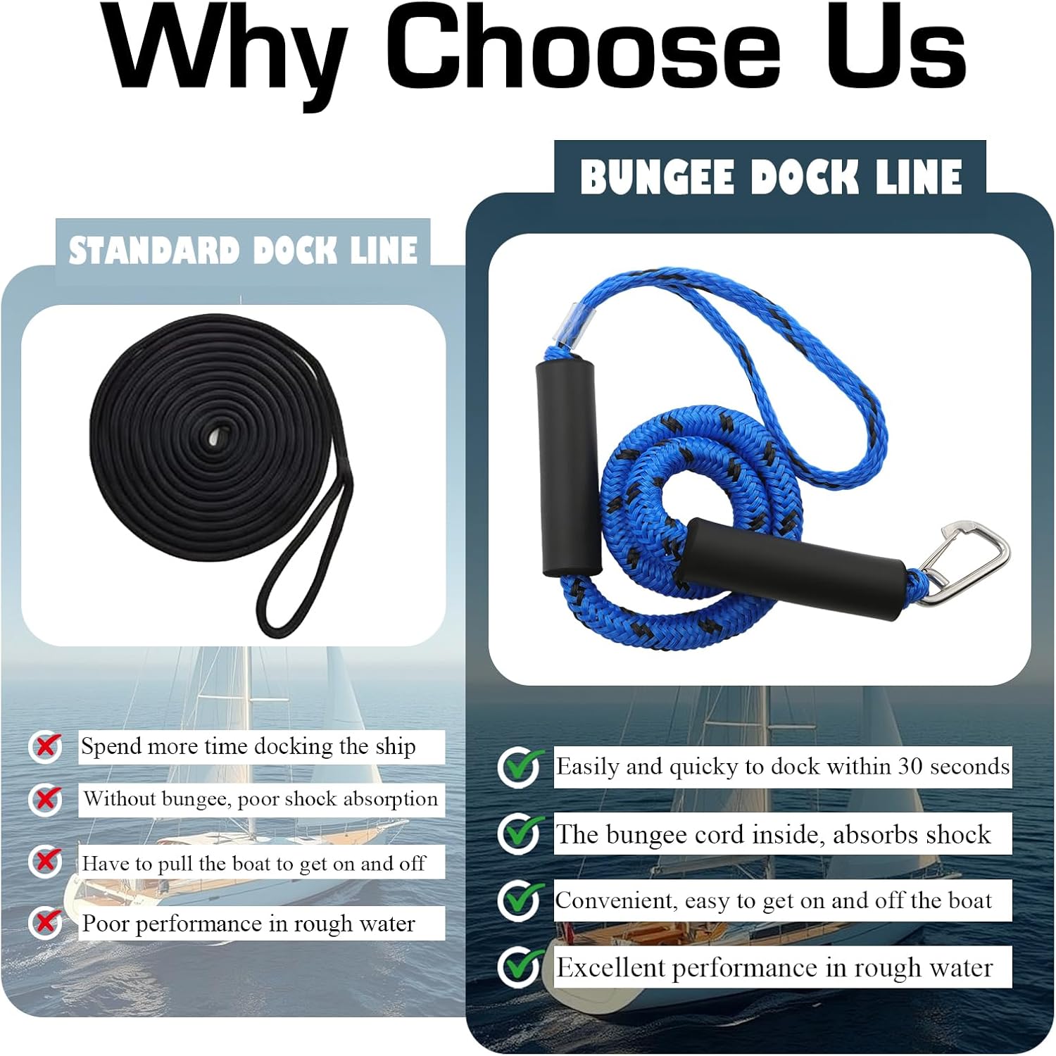 4 Feet Bungee Dock Line, Mooring Rope with 316 Stainless Clip, Shock Absorbing Jet Ski Accessorie, Marine Grade Mooring Tie Downs for Boats PWC,Kayak, Watercraft,SeaDoo, Pontoon, Blue 2Pack