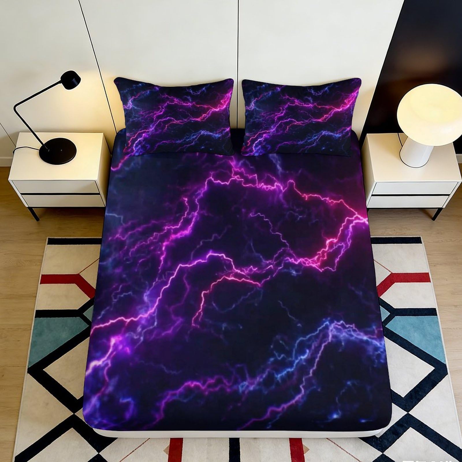 3D Printed Purple Lightning Fitted Sheet Microfiber Soft Breathable Electric Storm Mattress Cover for Bedroom Dormitory Guest Room Mattress Protection Decor 140x200x25cm