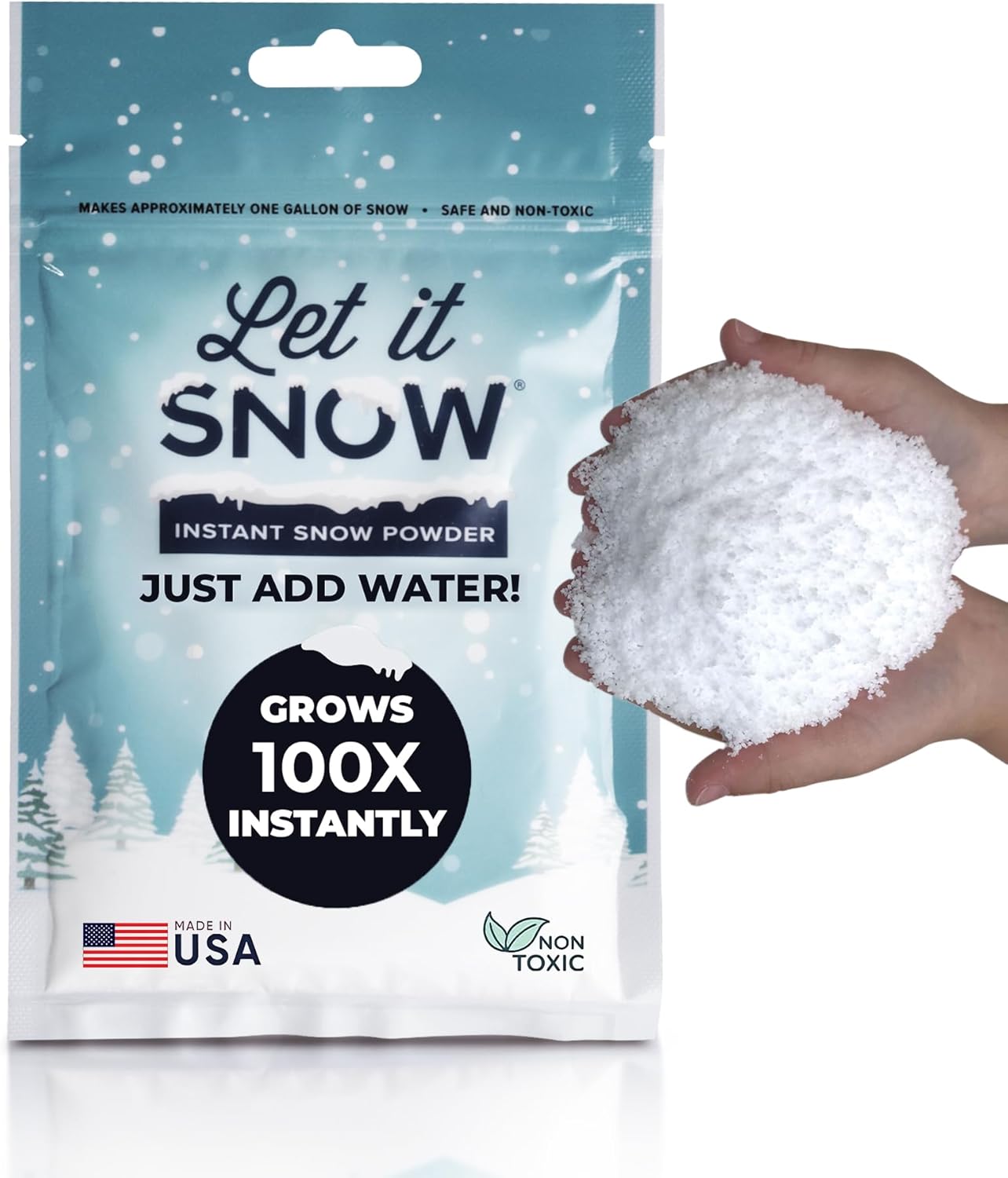 Let it Snow Instant Fake Snow Powder - Made in The USA, Safe & Easy to Use Artificial Snow for Slime, Holiday Decorations, Photography & Sensory Play, 1 Pack, Makes 1 Gallon