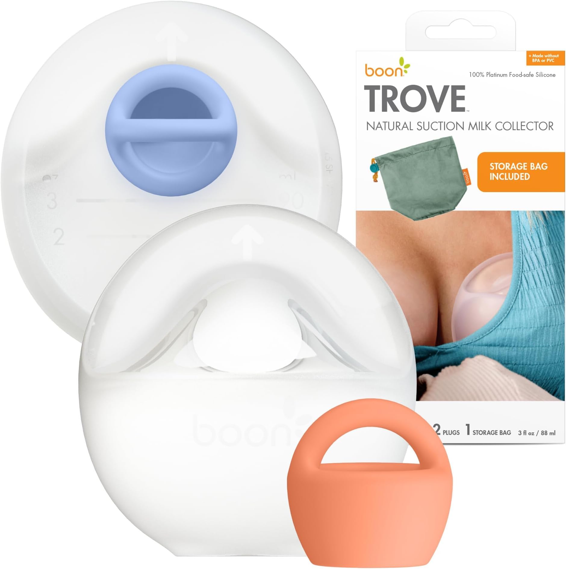 Boon TROVE Silicone Manual Breast Pump with Travel Pouch - Hands Free Breast Pump - Passive Breast Milk Collector Shell for Newborns - Breastfeeding Essentials - 2 Count Clear B11531
