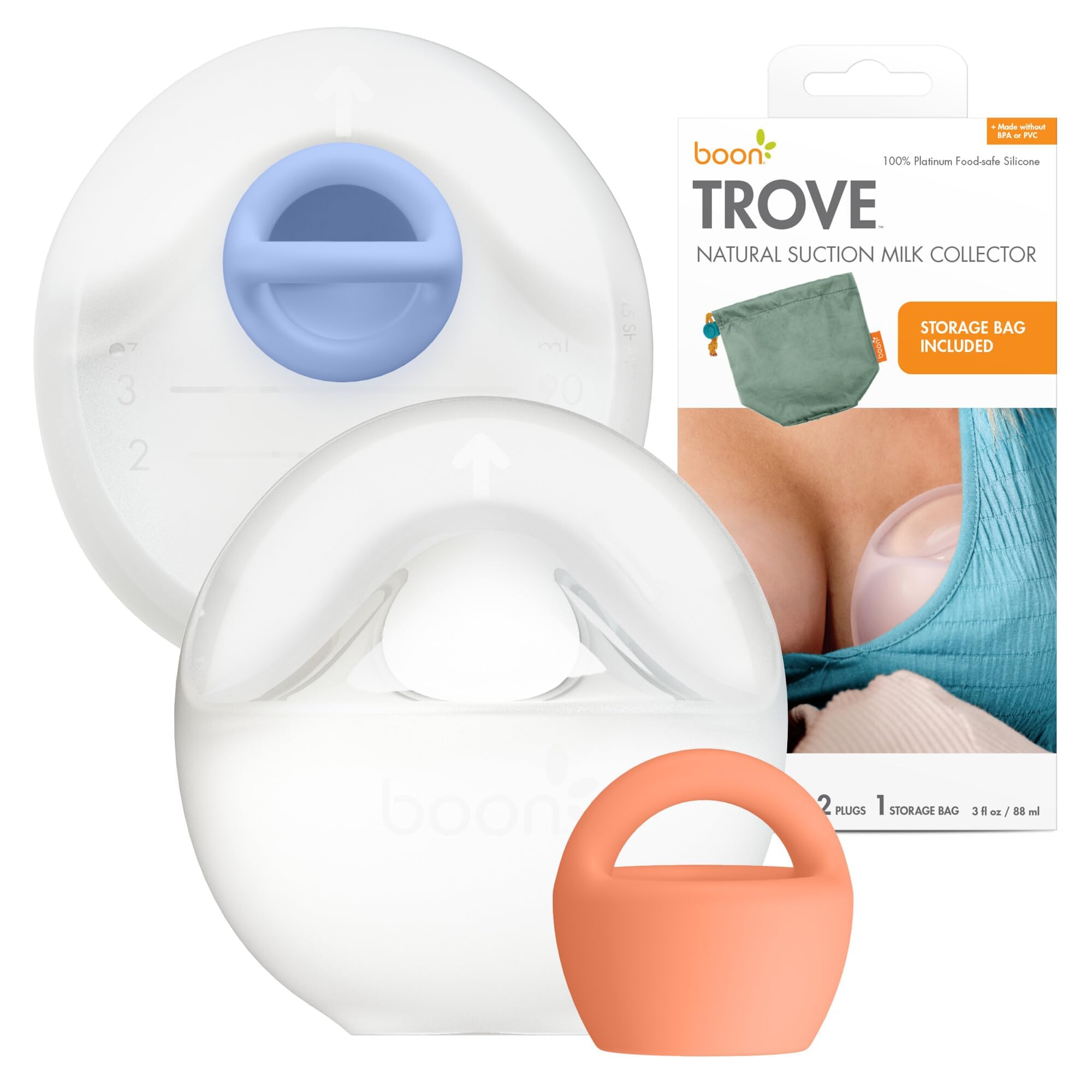 Trove Silicone Manual Breast Pump Set - Hands Free Breast Milk Collector - Includes Polyester Travel Pouch - Breastfeeding Essentials - 2 Count