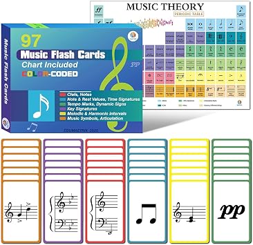 97 Music Theory Flash Cards with Cheatsheet for Beginners with Study Guide, Includes Notes, Rhythm, Clefs, Time Signatures.