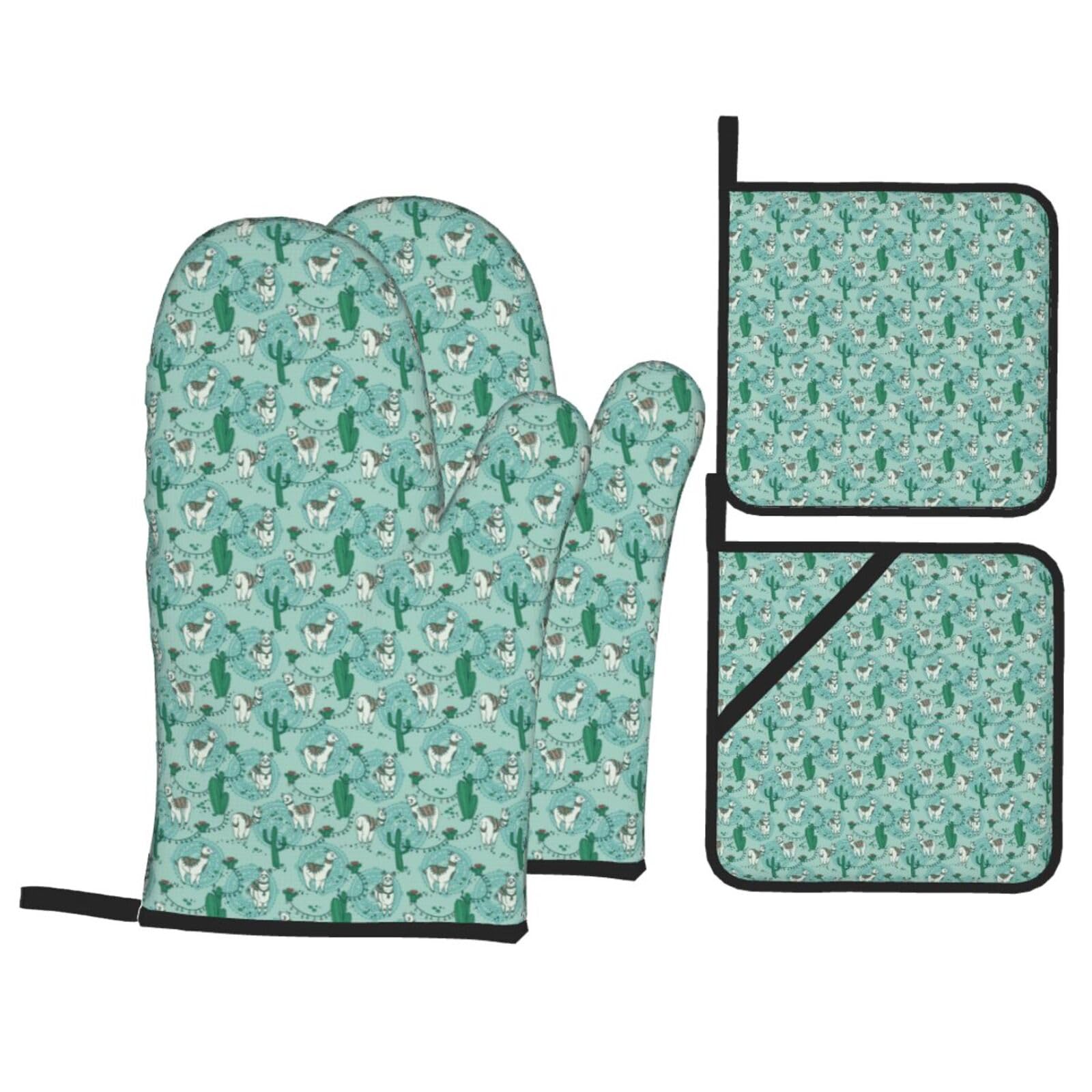 Llama Alpaca Green Print Stylish Heat-Resistant Oven 4-Piece Set Kitchen Gloves Roasting Daily Cooking
