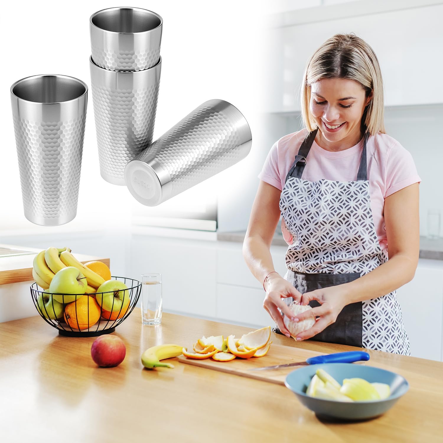 QWORK Stainless Steel Insulated Tumblers, 19 oz 4 Pack Stackable Water Tumblers, Double Wall Metal Cup, Diamond-Patterned - Image 8