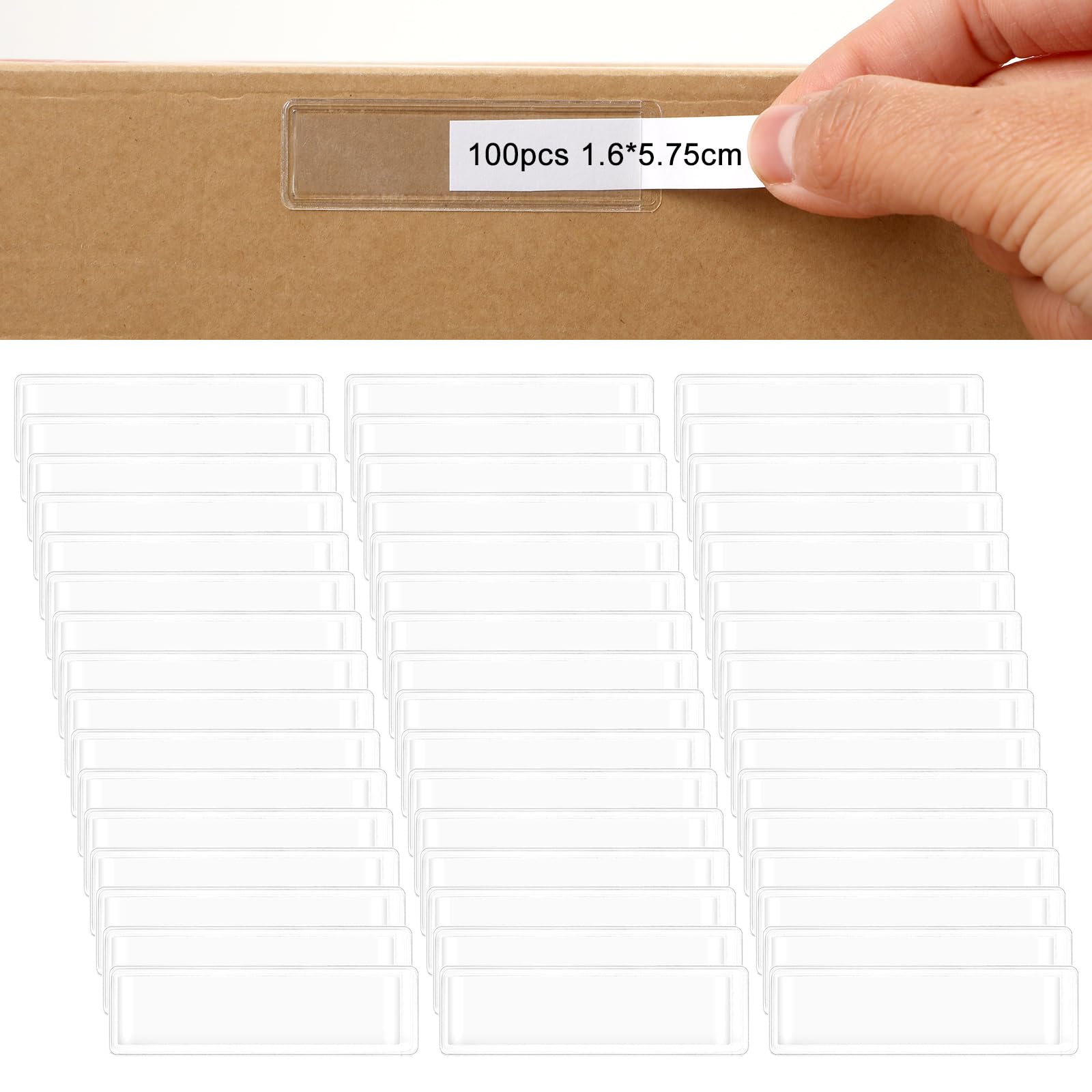 Lot 100 Porte-Étiquettes Adhésifs Transparents 1.6x5.75 Cm – Pochette Étiquette Plastique Pour Rangement, Dossiers, Placards