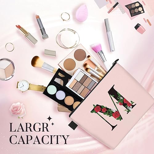 Miniatura 2 de Bolsa de maquillaje con letra M inicial para mujeres y niñas, bolsa de maquillaje personalizada A-Z, bolsa de cosméticos con monograma rosa, regalo