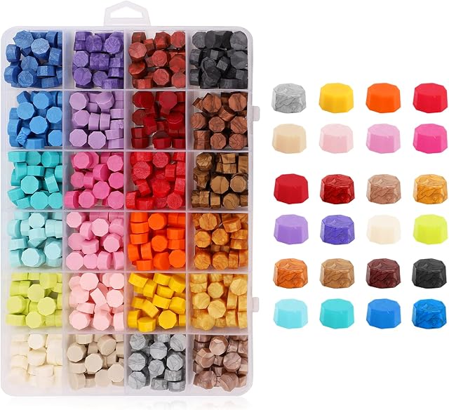 Sealing Wax Beads,600 Pcs Stamp Seals Wax Beads with Transparent Box, 24 Colors Octagon Seal Beads Kit for Wedding Invitations, Vintage Parcels,Manuscripts and Cards Macaron