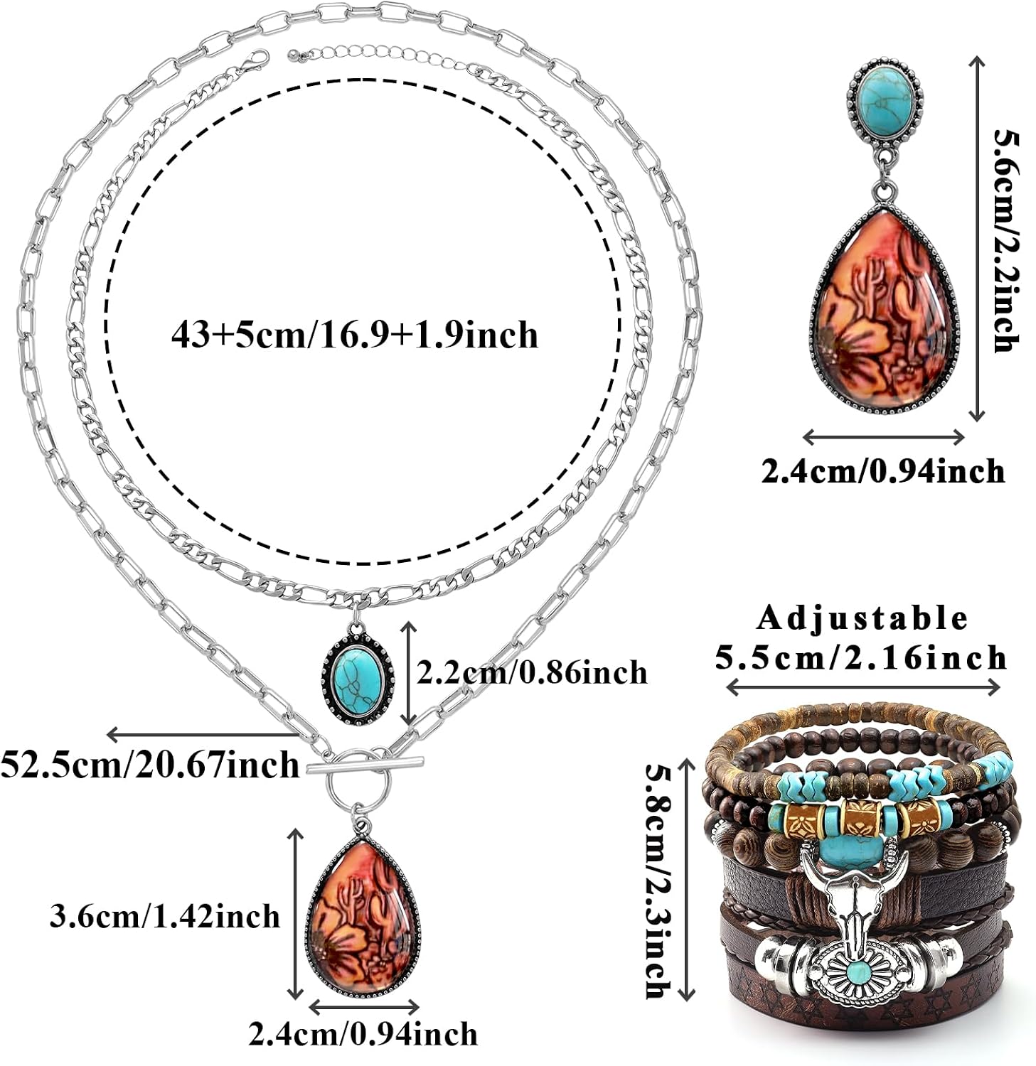 4 Pcs Layered Turquoise Western Jewelry for Women Bohemian Cactus Turquoise Necklace Cowboy Chic Earrings Rustic Layered Western Bracelets Boho Rodeo Country Concert Outfits Jewelry Gift