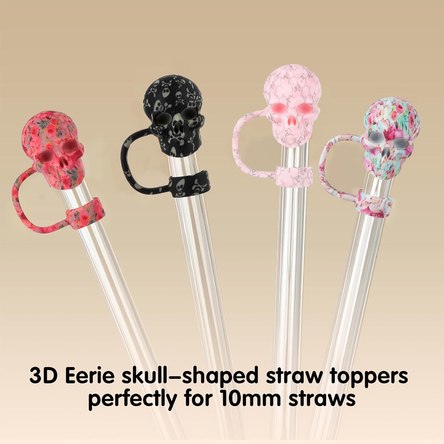 4 Pack Skull Straw Toppers for Stanley Cup 30&40oz, Tumbler Water Cup Accessories, Reusable Dust-Proof 3D Straw Cover Cap, Hollaween Gift (4 Colors A) - Image 3