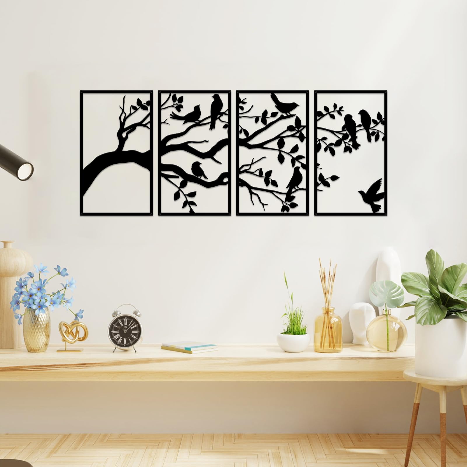ruelen Wall Decor 4 Pieces Metal Birds and Branch Wall Art, Tree of Life Metal Wall Art, Black Leaves with Birds Silhouette Hanging Wall Sculpture for Indoor Home Bedroom Living Room Office Outdoor