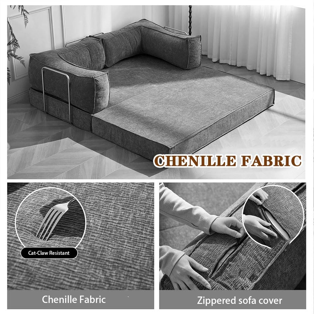 Divano Letto Pieghevole In Ciniglia, Divano Compatto senza Struttura Da 59 Pollici, Imballaggio Compresso(Beige white)