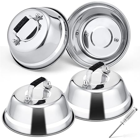Varku 2pcs Burger Covers, Stainless Steel Round Basting Covers For Griddle Grill, Cheese Melting Domes With Anti-Scald Handle, Steaming Covers For Cooking Hamburgers Steaks Bacon