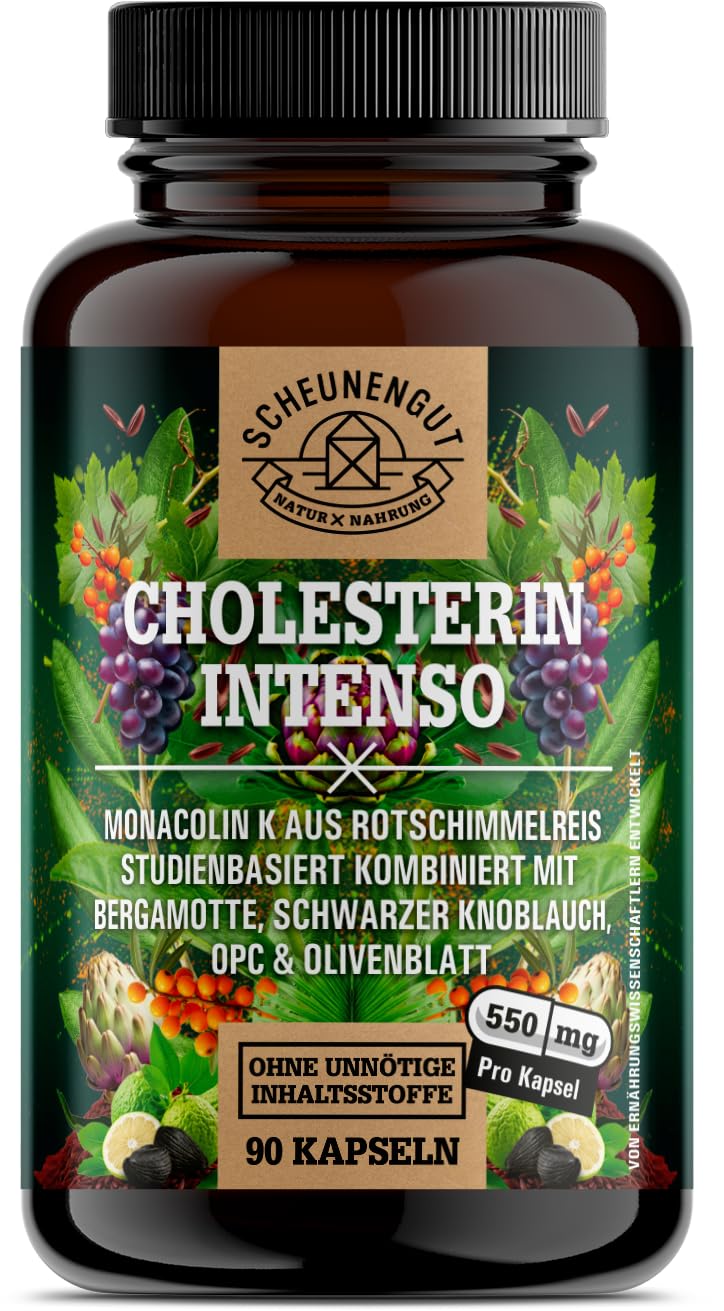 CHOLESTERIN INTENSO® Roter Reis -WICHTIG: Cholesterin Kapseln mit Monacolin K, Schwarzer Knoblauch, Bergamotte, Artischocke etc -Roter Reis Kapseln- 90Stk DE SCHEUNENGUT®