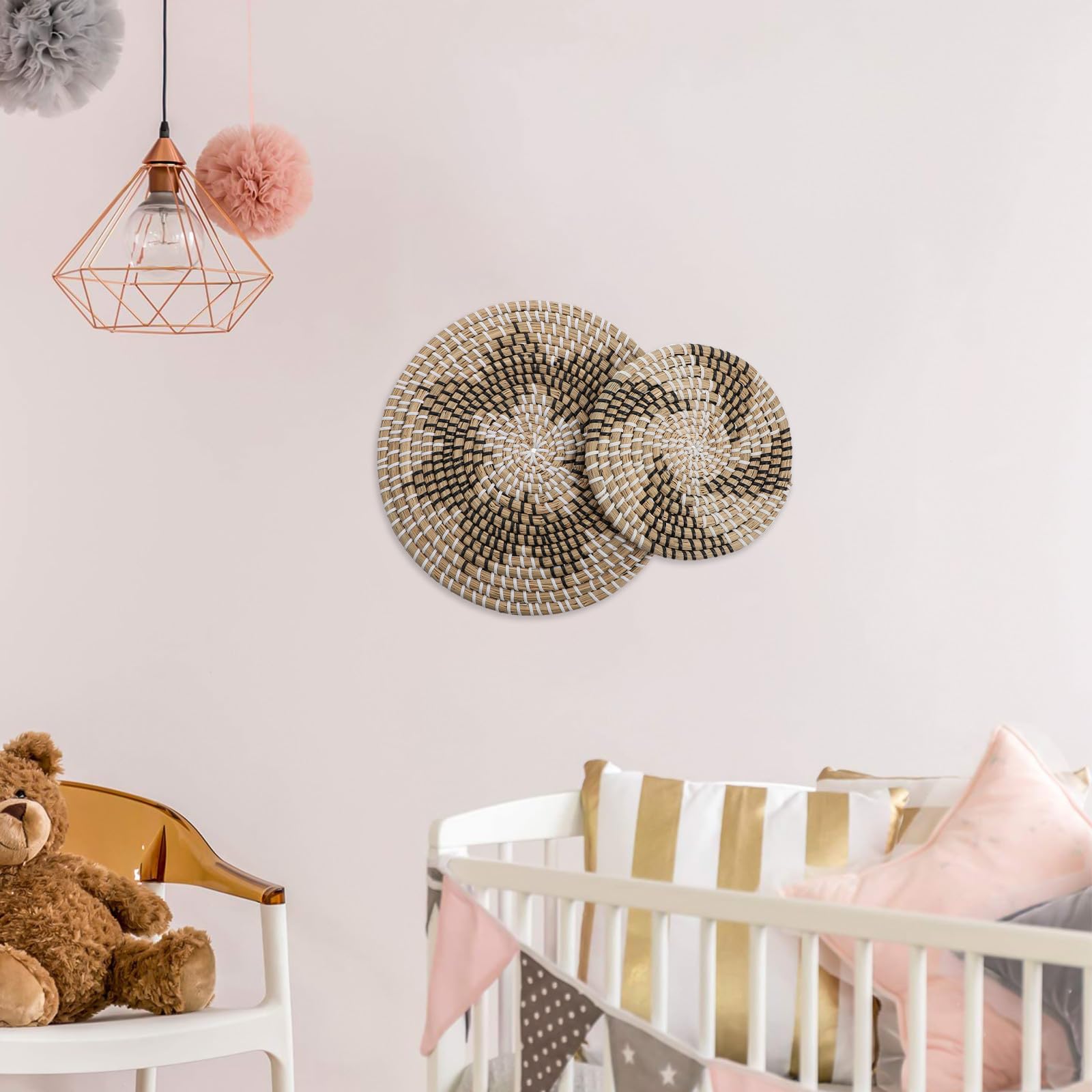 2 Piezas Adorno de Pared Circular Bohemio de Mimbre Beige Diseño