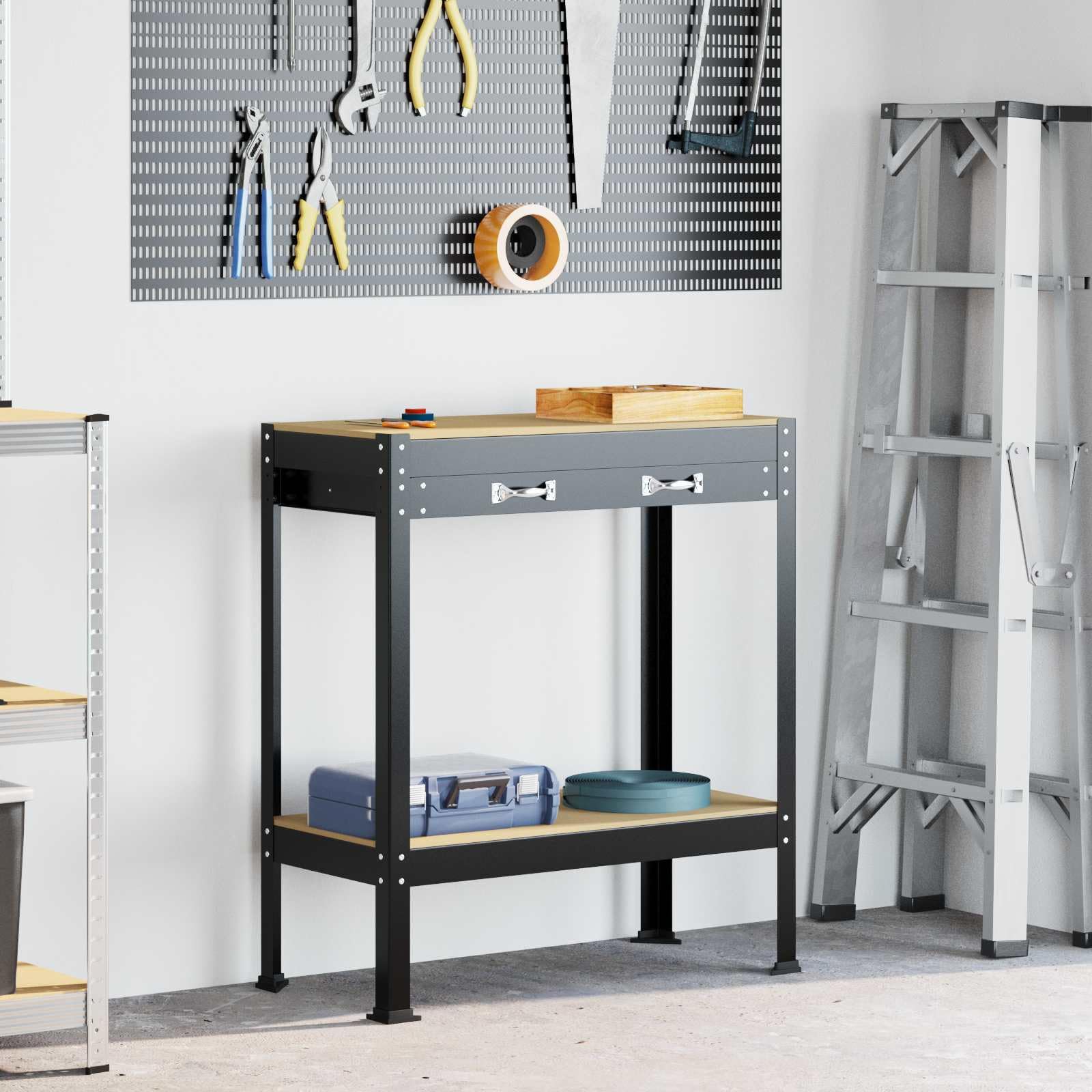 vidaXL Banco de Trabajo con cajón con Estante Negro 80 x 40 x 91 cm